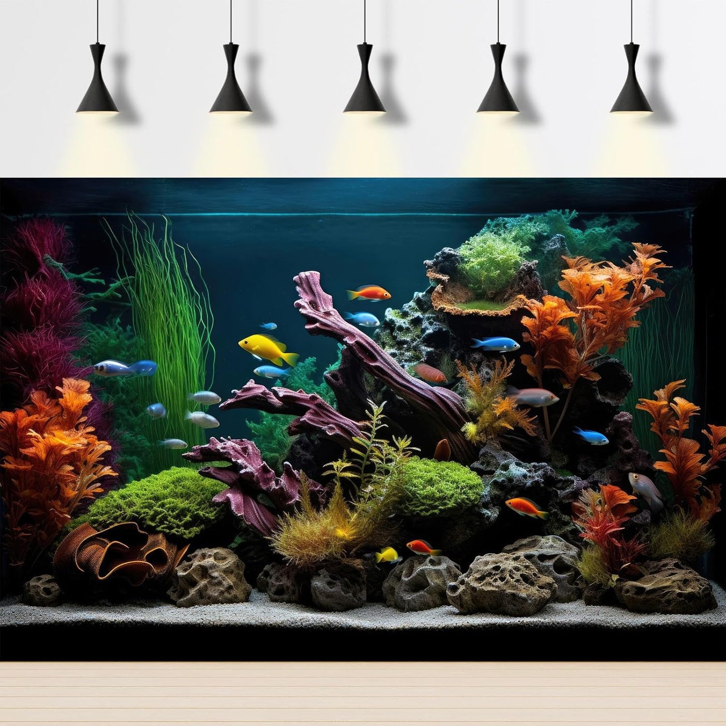 Aquarium Background Lush Aquatic Colorful Plants Terrarium Background Redwood Root Coral Reef Jungle Style Fish Tank Background Amazing Underwater View Aquarium Backdrop Wallpaper Poster Vinyl 24x12in