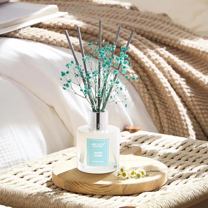 Airkeep Reed Diffuser Set,3.38 fl oz (100 ml) - Ocean Breeze Oil Diffusers with 8 Reed Sticks, Home Fragrance Reed Diffuser for Bathroom Shelf Decor