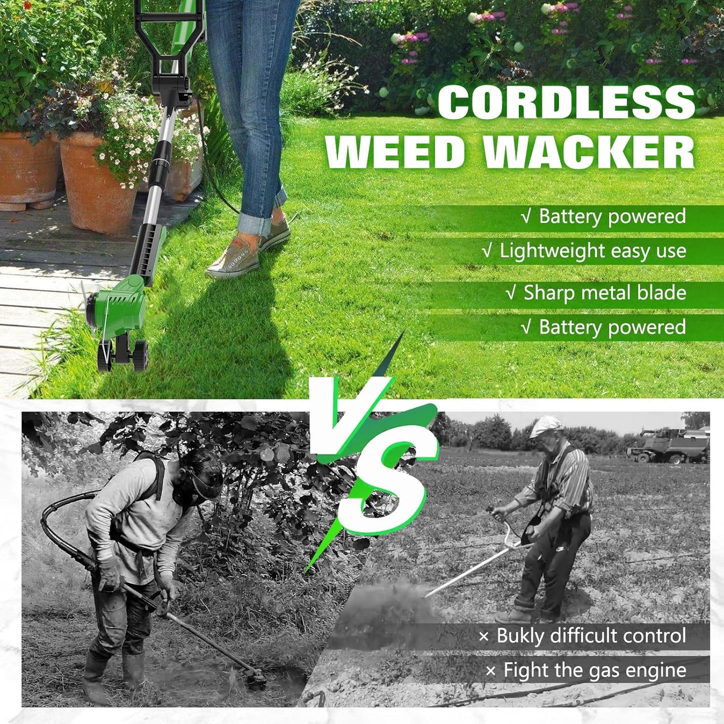 Electric Weed Wacker Eater Cordless Battery Powered, Weed Trimmer 21V Lightweight No-String with 2 Battery Operated & Wheels, 3 in 1 Stringless Grass Trimmer/Edger/Brush Cutter for Garden Yard Lawn