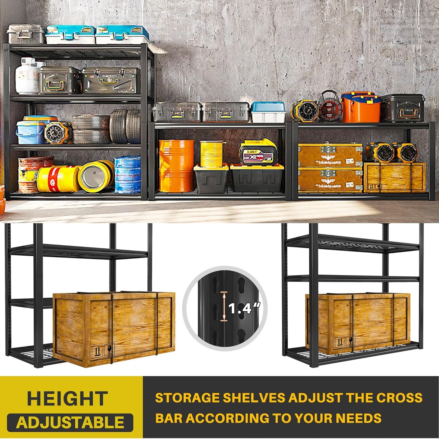 REIBII 40" W Garage Shelving 2240 LBS Storage Shelves Adjustable Metal Shelving Heavy Duty 4 Tier Metal Shelves for Garage Kitchen Pantry Warehouse Basement 40" W × 19.5" D × 59.5" H