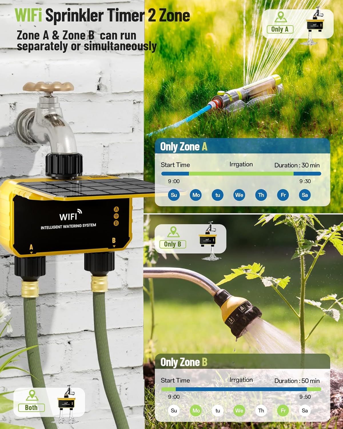 Smart WiFi Water Timer 2 Zone No Need Gateway, Solar WiFi Sprinkler Valve Timer for Garden Hose APP & Remote Control Alexa & Google Voice Compatible,Rain Delay, Manual Mode Sprinkler System