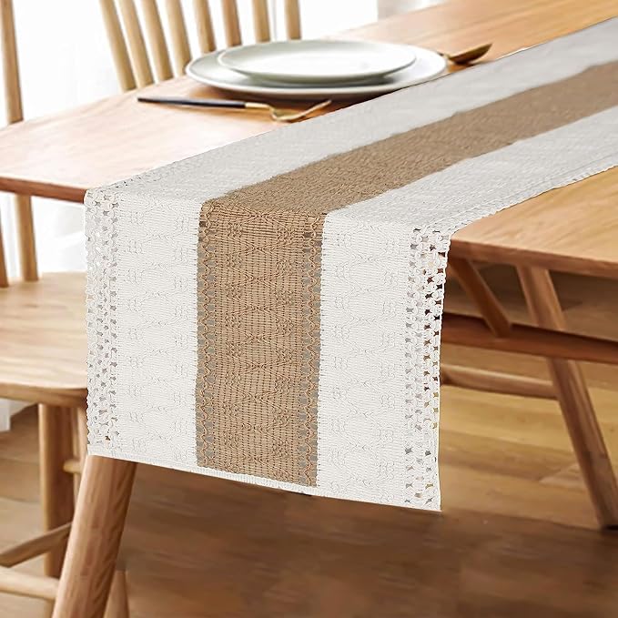 FEXIA Boho Table Runner for Home Coffee Decor 36 Inches Long Farmhouse Rustic Table Runner Macrame Burlap Centerpieces for Tables Decoration for Kitchen Bedroom Decor Bridal Shower (12x36 Inches)