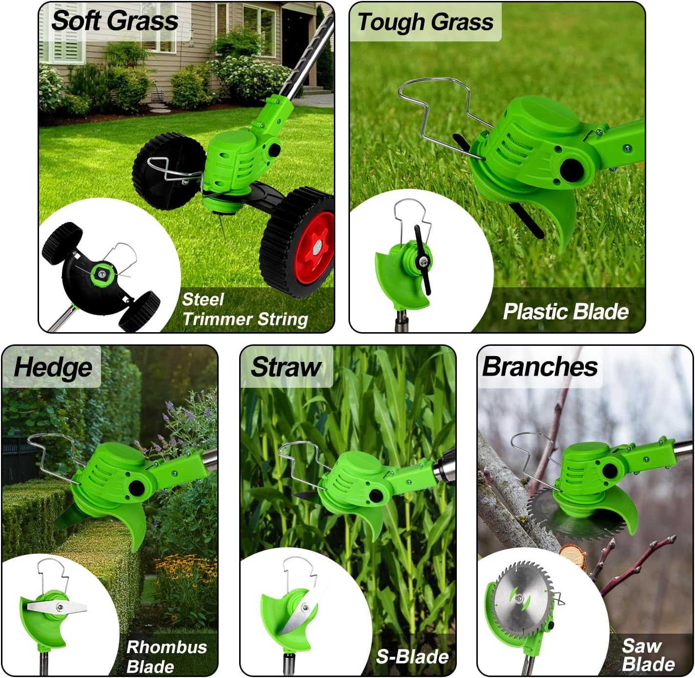 Electric Weed Wacker Cordless Eater 2 Battery, Foldable and Lightweight Grass Trimmer/Brush Cutter,5 Types Blade&Wheels 21V 4.0Ah Battery (2 Pieces) Powered for Garden and Yard (Non-Foldable)