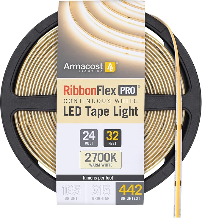 Armacost Lighting RibbonFlex Pro 24V White COB LED Strip Light Tape 2700K, 442 Lumens/Ft, 10M 173150