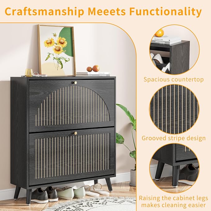 Fsbecl Shoe Storage Cabinet for Entryway with 2 Flip Drawers, Narrow Wood Shoe Cabinet with Fluted Panel, Freestanding Hidden Shoe Organizer for Foyer, Hallway (Black - with Shelf)