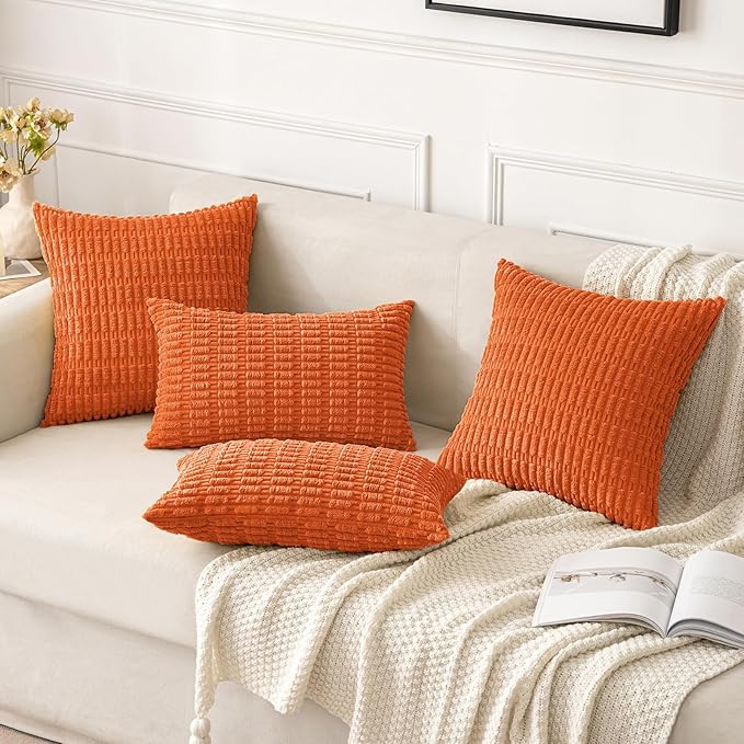 MIULEE Pack of 2 Orange Corduroy Decorative Euro Sham Pillow Covers 22x22 Inch Soft Boho Striped Throw Pillow Covers Modern Farmhouse Home Decor for Summer Sofa Living Room Couch Bed