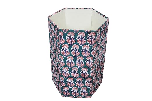 3.3 Gallon Cotton Hand Block Printed Paper Waste Basket |Small Decorative Trash Can for Housewarming Gifts in Living Room, Bedroom, Bathroom | Eco-Friendly, Plastic-Free (1, Green Blue RED Tree)