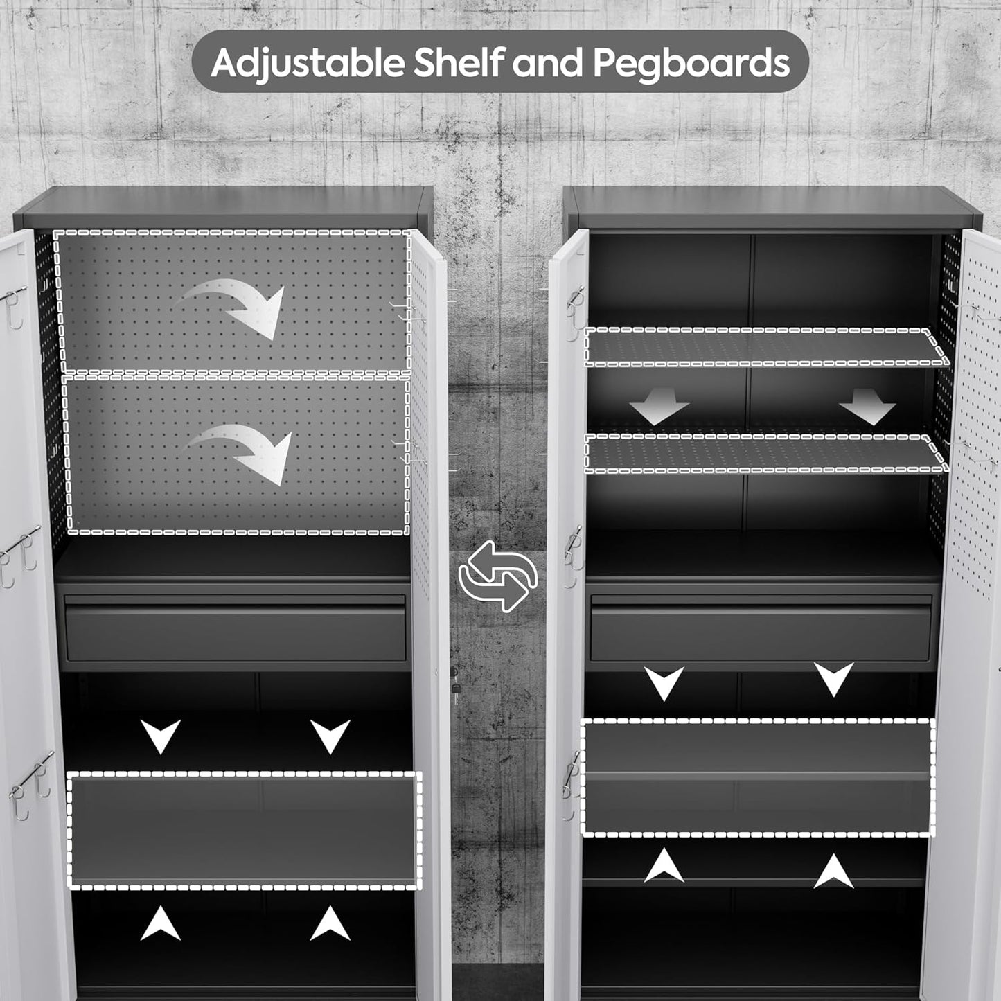 Metal Garage Cabinet with Wheels,71''H Rolling Lockable Steel Tool Storage Cabinet with Pegboard &1 Drawer for Garage,Home,Office,Black Gray, Assembly Required