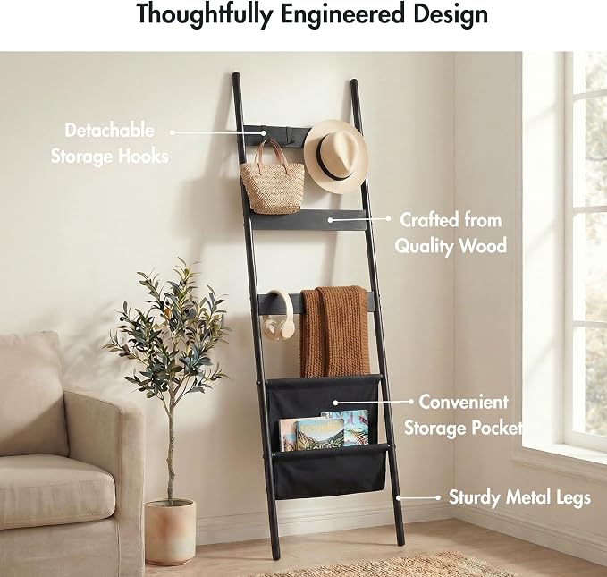 Blanket Ladder, 5 Tier Towel Rack, Wall-Leaning Blanket Rack for Living Room, Decorative Ladder with 4 Hooks and Magazine Pocket 17.3" L x 63" H - Black