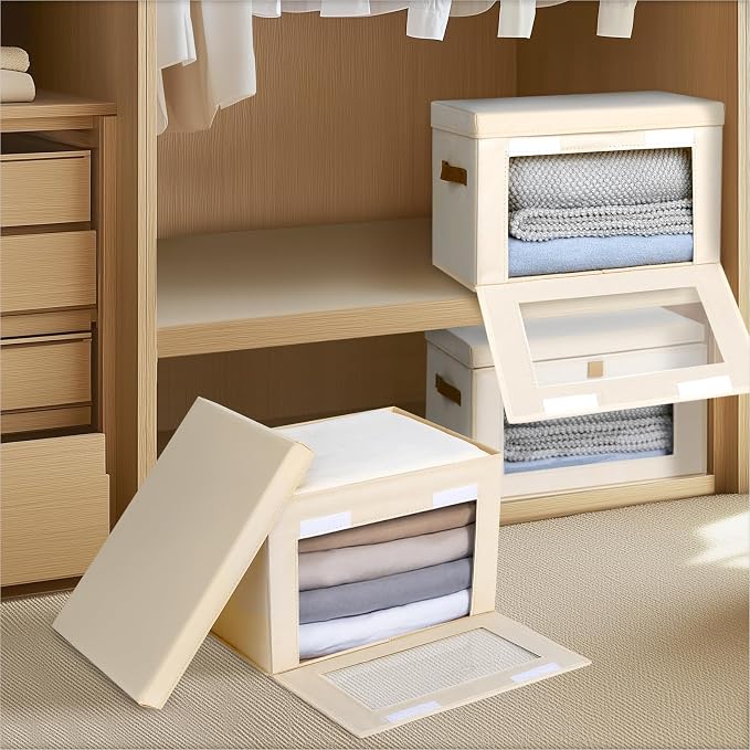 Homsorout Medium Fabric Storage bins - Collapsible Storage Bins with Open Window, 5 Pack Closet Baskets for Shelves, Stackable Decorative Boxes for Home, Dorm, Beige, 13.7"x 9.8" x 9.8"
