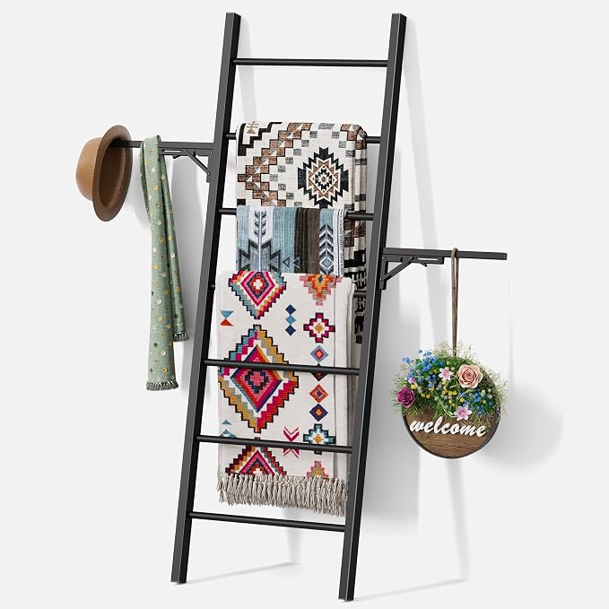 Metal Blanket Ladder, 7-Tier Towel Rack with Ajustable Side Rack, Blanket Rack Stand for Living Room, Bathroom, Quilt Display Ladder Shelf, Farmhouse Black