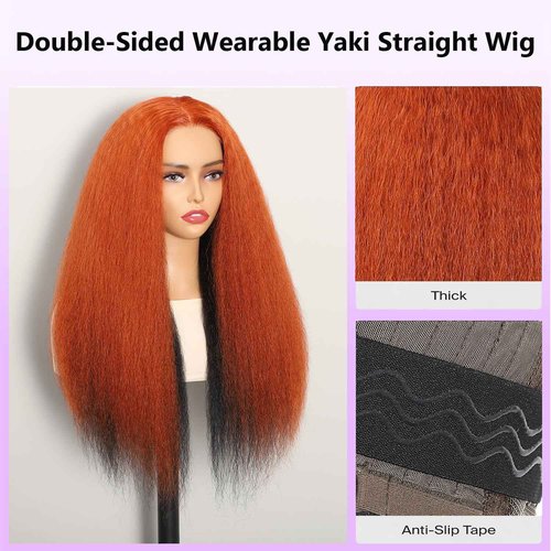 Sogram Wear and Go Glueless Yaki Straight Human Hair Wig Double Wear Wig No Glue Transparent HD Lace Wig 4x4 Kinky Straight Lace Closure Wigs Human Hair 180% Density 22 Inch (Orange and Black)
