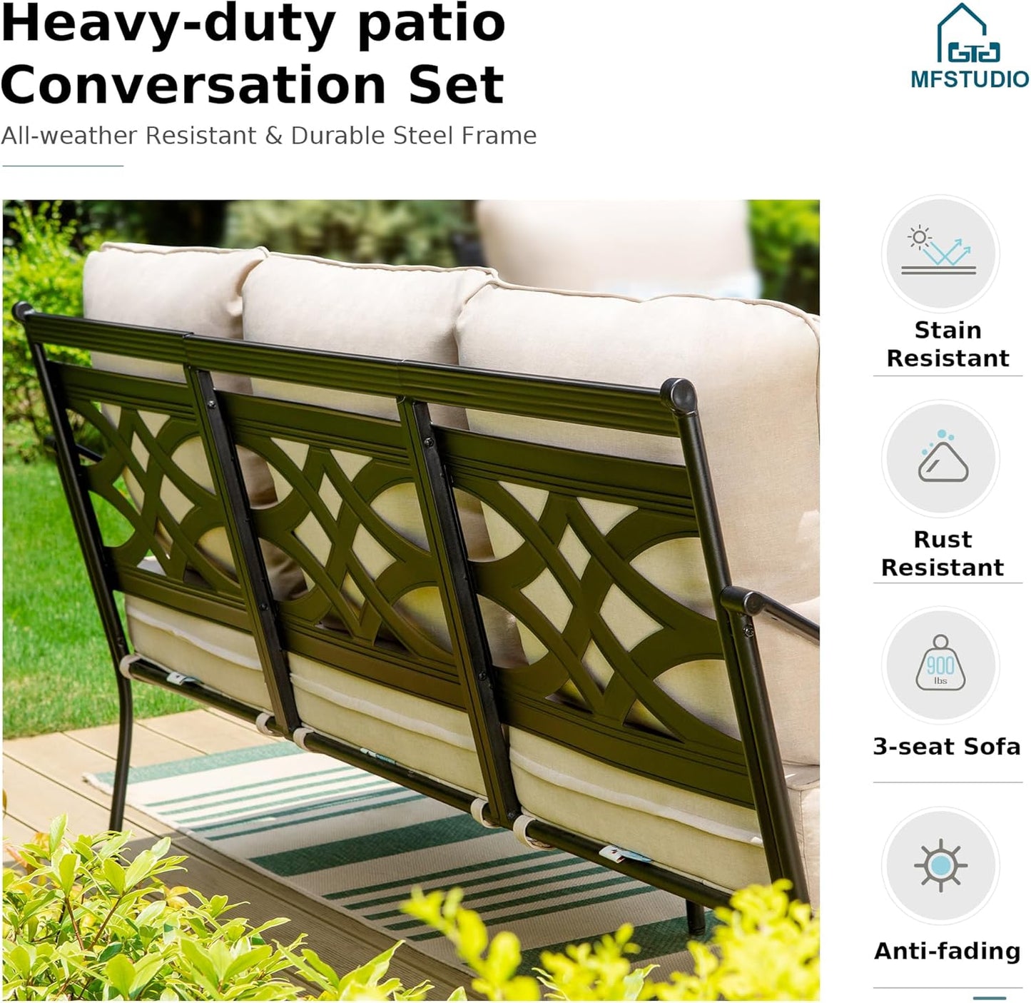 MFSTUDIO 5 Seats Large Metal Patio Conversation Sets, 4 Pieces Outdoor Sectional Furniture Sofa with 2 x Swivel Chairs, 1 x 3-seat Sofa and 1 x 45 inches Rectangular Propane Fire Pit Table