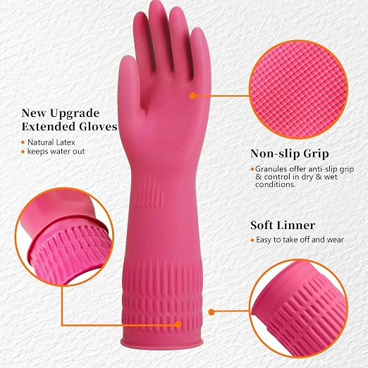 Rubber Gloves for Cleaning – 3 Pairs Reusable Gloves for Dishwashing, Kitchen and Household Tasks, 15-Inch Long (Regular Style, XL(Fits Large Hands))