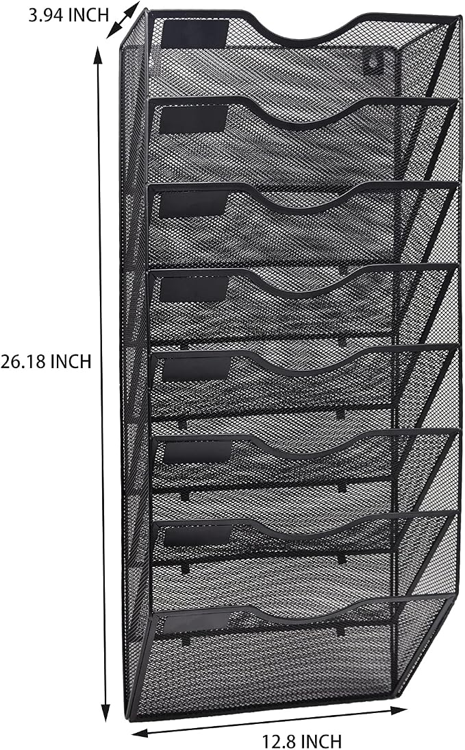 EASEPRES 8 Pocket Mesh Hanging Wall File Organizer, Wall Mounted Mail Paper Document Folder Holder, Clipboard Storage Organization Magazine Rack with Nametag Label for Office Home School, Black