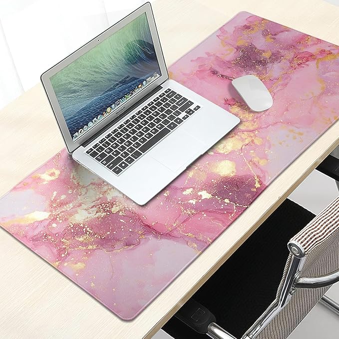 Gold Pink Marble Mouse Pad Extended Large 35.4x15.7in Coquette Kawaii Desk Mat Preppy Trendy Computer Mousepad XL Non-Slip Rubber Base Stitched Edge Rose Gold Mousepad PC Desk Pad for Work Desktop