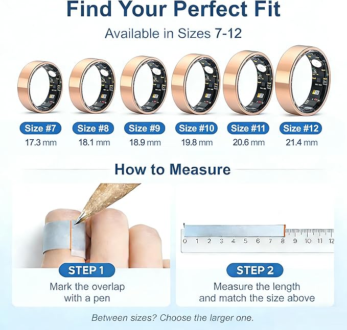 Smart Ring Health & Fitness Tracker for Men & Women, Heart Rate, SPO₂, Sleep & Activity Monitoring, IP68 Waterproof, Long Battery Life, Family Care Mode, No Subscription Fee (Rose Gold, 11)