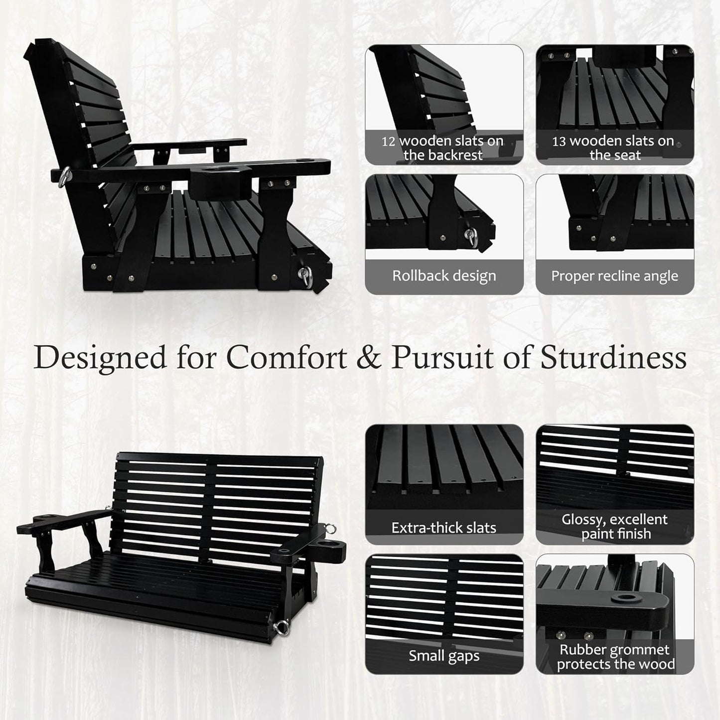 Wooden Porch Swing 2-Seater, High Backrest and Deep Seat, Bench Swing with Cupholders, Hanging Chains and 7mm Springs, Heavy Duty 880 LBS, for Outdoor Patio Garden (Carbon Black - 4 FT Extra Large)