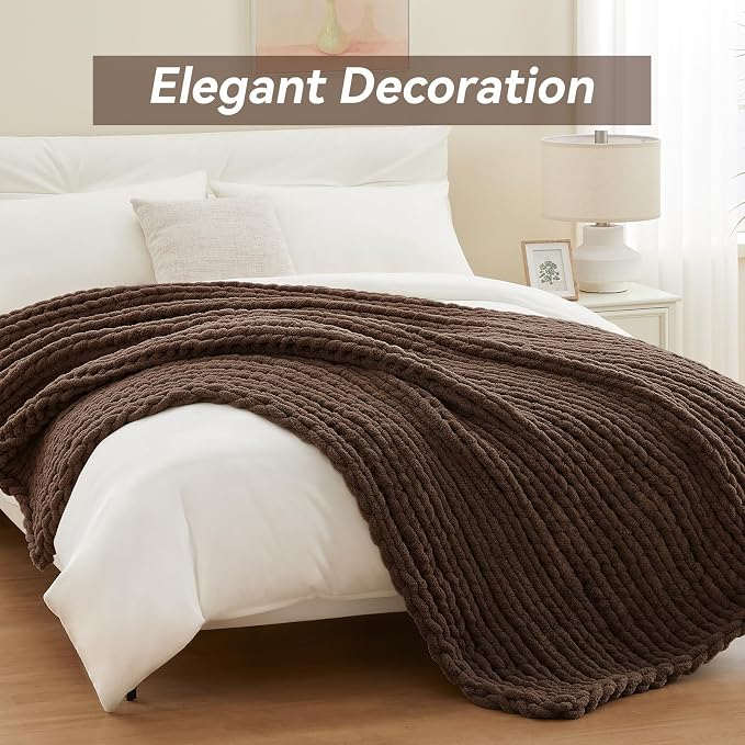 Negwoo Chunky Knit Throw Blanket, 30''*40'' Knitted Throw Chenille Yarn for Bed Couch, Handmade Dark Brown Crochet Big Thick Blanket, Machine Washable Cute Comfy Blanket for Home Decor