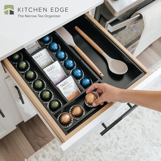 KitchenEdge Tea Bag and Coffee Pod Kitchen Drawer Organizer, Expandable 9.7 to 17 Inches, 10 Storage Compartments, Adjustable Wall Inserts, Non-Slip Feet, Food-Safe Black Finish, 100% Bamboo Wood