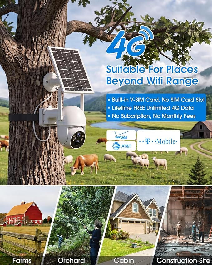 SANSCO 4G LTE Cellular Solar Security Camera Wireless Outdoor, Lifetime Free Unlimited Data, NO WiFi 2K Color Night Vision, PTZ 360 View, 2 Way Audio, Motion Detection (4G Unlimited-2Pack)
