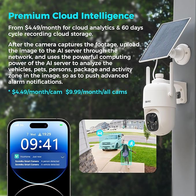 Vicohome 4CQ1 AI 2K Solar Security Camera Wireless Outdoor, Battery Powered,Two Way Audio,Motion Detection, 360° View,Easy to Setup,Color Night Vision,Audible Flashlight Siren,180 Days Care Plan