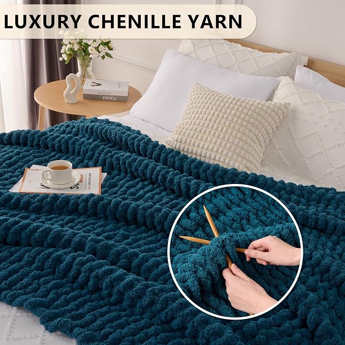 L'AGRATY Chunky Knit Blanket Throw: 50''x60'' Chenille Chunky Knitted Throw Blanket for Bed Couch - Handmade Thick Big Cable Knit Blanket - Large Crochet Rope Blankets for Home Decor(Blue)
