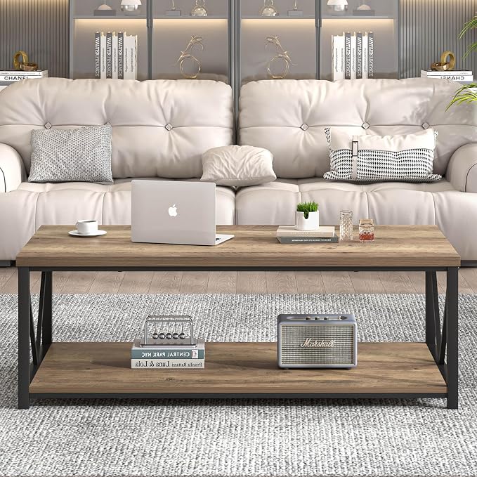 FOLUBAN Modern Coffee Table, Living Room Center Table with Storage, Wood and Metal Cocktail Table, Rustic Oak, 47 Inch