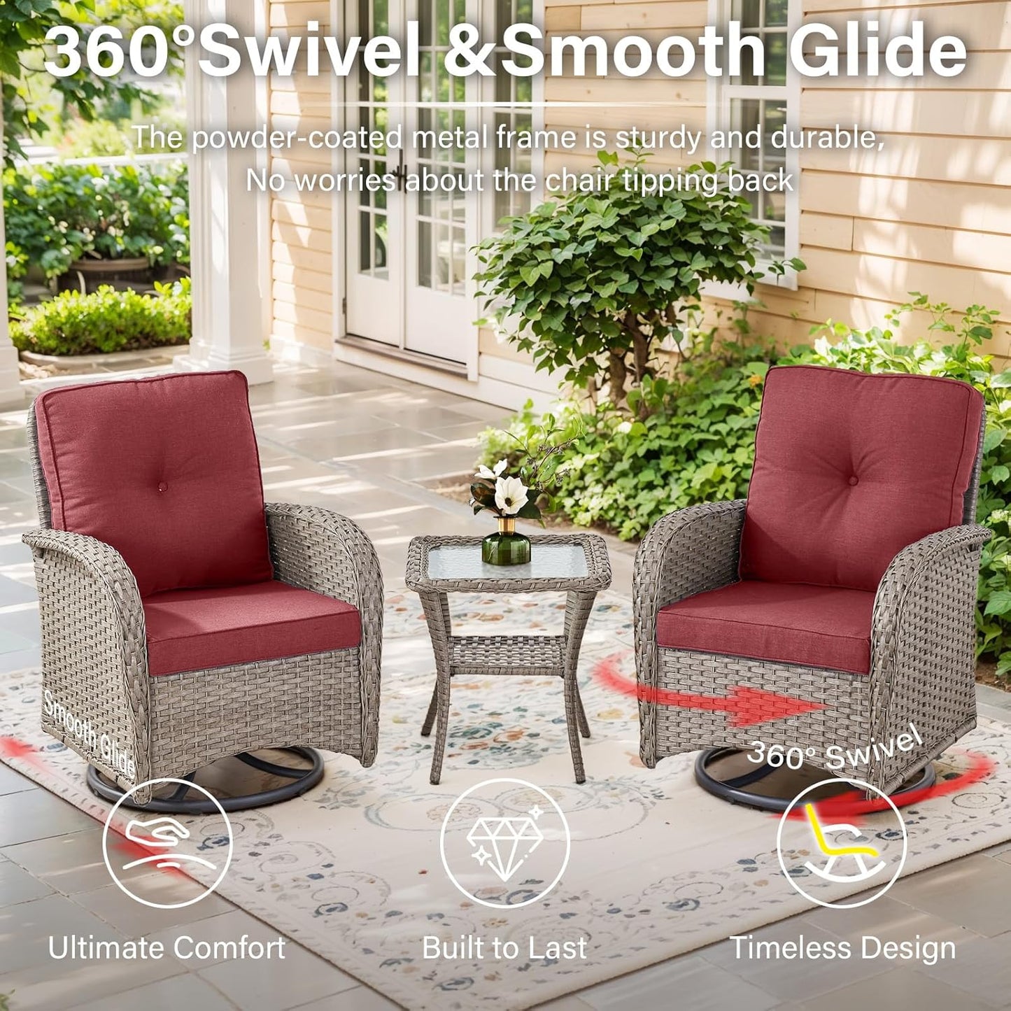 5 Pieces Wicker Patio Furniture Set - Swivel Rocker Outdoor Chairs with Ottomans and Side Table, Small Patio Conversation Set for Porch Deck Backyard Red