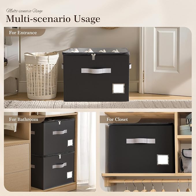 Criusia Shoe Organizer for Closet, Foldable Shoe Storage Organizer with Clear Cover and Sturdy Handles, Fit 12-16 Pairs, Closet Organizer for Shoes Sneakers Sandals Heels, 2 Pack, Black