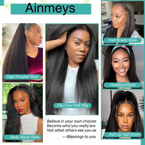 Ainmeys Kinky Straight U Part Wigs 200% Brazilian Yaki Straight Upgrade U Shape Human hair Wigs With Drawstring for Women No leave out wear and go Glueless Clip In Half Wigs (16INCH)