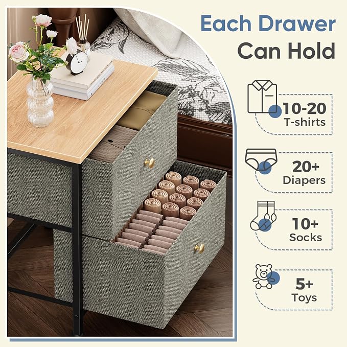 DUMOS Nightstand Small Dresser with 2 Fabric Drawers Side Tables Bedroom End Table Kids Bedside Storage Furniture for 20 inch Tall Night Stand for Closet, Entryway, College Dorm, Ink Green 2Pack