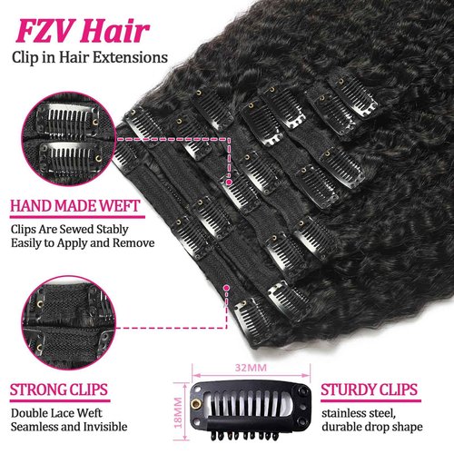 Kinky Straight Clip Ins Real Human Hair for Black Women Full Head 10A Brazilian Real Hair Extensions 125g 8Pcs with 18Clips Per Set Remy Human Hair Clip Ins Natural Color Double Weft (26 Inch)