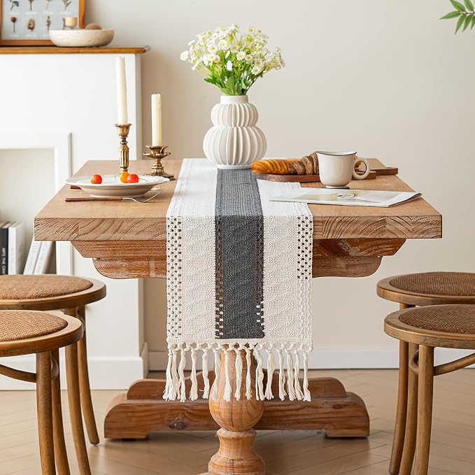 FEXIA Boho Table Runner for Summer Home Decor with Tassels 36 Inches Long Farmhouse Grey Rustic Burlap Table Runner Macrame Table Decoration for Kitchen Bedroom Living Room (12x36 Inches)