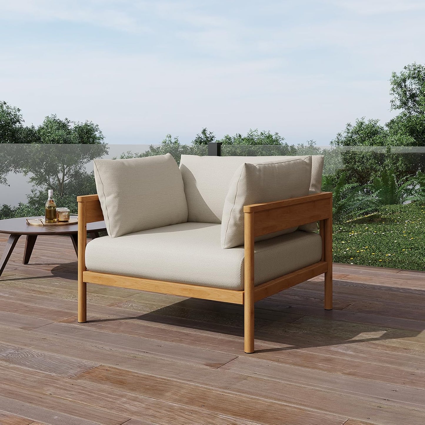 Acanva Modern Outdoor Patio Furniture Set, All-Weather Aluminium Conversation Sectional Sofa with Thick Cushions for Backyard, Garden, Porch, Armchair, Beige