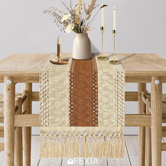 FEXIA Boho Table Runner 48 Inches Long Macrame Summer Decor Coffee Table Cover Farmhouse Stylewith Tassels for Party Bohemian Rustic Wedding Bridal Shower Dining Room Middle Brown (12x48 Inches)