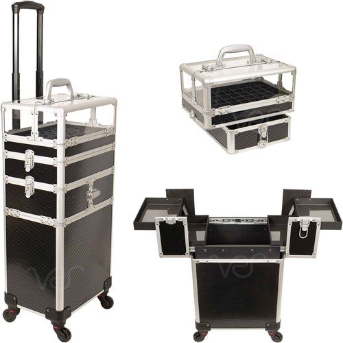 JC Beauty 7 in 1 Professional Interchangeable Rolling Makeup Nail Tech Train Case Travel Storage Clear Acrylic, Black Stripe