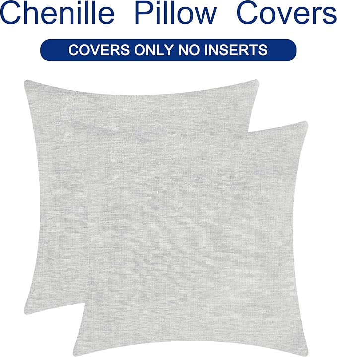 CaliTime Throw Pillow Covers Decorative 22 X 22 Inches Pack of 2 Cozy Chenille Cushion Cases for Couch Sofa Bed Living Room Home Moonbeam Gray