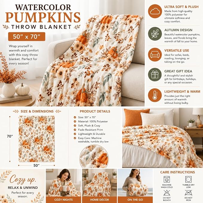 Fall Fleece Throw Blanket: Velvety Soft, Durable Plush Accent for Bed or Couch (Vintage Harvest, 50 x 70 inches)
