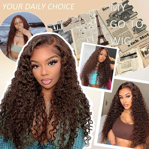 Chocolate Brown Wig Glueless Wigs Human Hair Pre Plucked Pre Cut Chocolate Brown 4x4 Hd Lace Front Wig For Black Women Colored Water Wave Wavy Curly Wig Human Hair Wear And Go Glueless Wigs #4 18inch