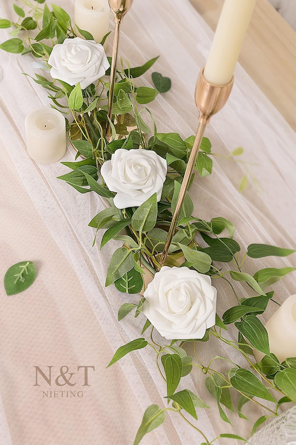 N&T NIETING Artificial Flowers, 25pcs Fake Flowers White Rose Perfect for DIY Wedding Bridesmaid Bridal Bouquets Centerpieces Home Flower Arrangement Decoration