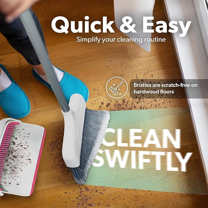 BLACK+DECKER Butler Broom & Dustpan Set - Stand-Up Design - Lightweight, Space-Saving Combo for Kitchen, Living Room, Bathroom, Lobby Floors - Home Cleaning Essential, White/Pink