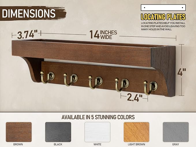 Rebee Vision Farmhouse Key Holder for Wall - Decorative Wooden Mail Organizer with 5 Rustic Key Hooks and Floating Shelf for Home Decor, Hallway, Entryway, Appartment (Retro Brown)