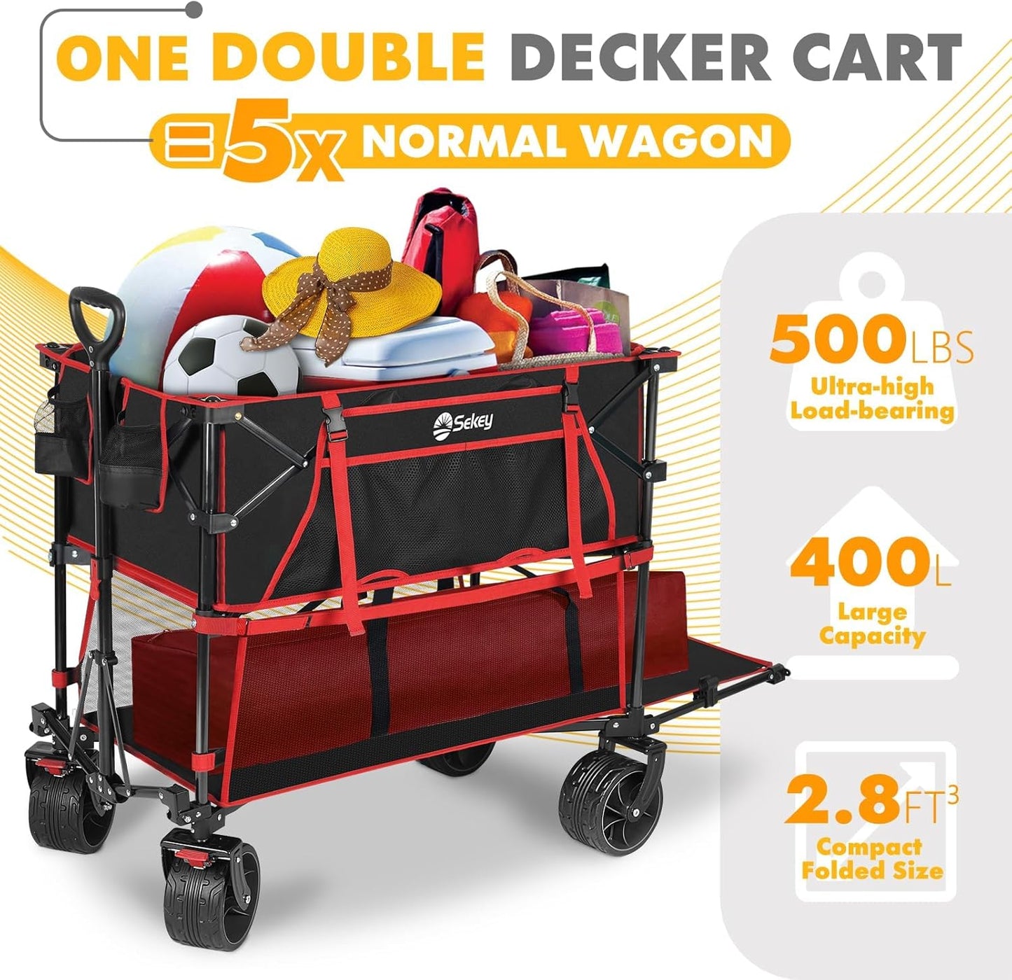 400L Large Capacity Folding Double Decker Wagon with Brakes, 48" Extra Long Extender Cart, 500lbs Heavy Duty Collapsible Wagons, All-Terrain Big Wheels for Camping, Sports, Shopping. Red&Black