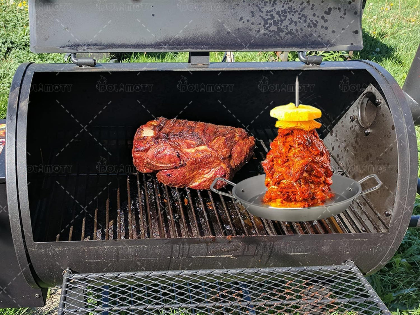 BBQ Vertical Skewer Pan Gyro Spit Shawarma Skewer Stand for oven, Al Pastor Skewer for Grill, El Pastor Hack for Tacos Al Pastor Chicken, Brazilian, Stainless Steel, with 8",10" stick