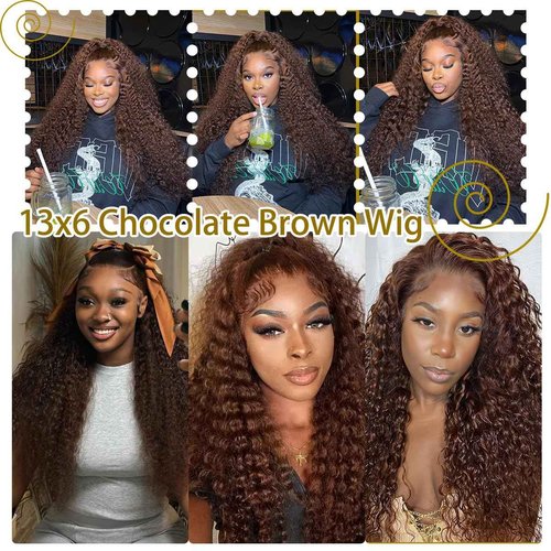 BIANFA 13x6 Deep Wave Lace Front Wigs Human Hair Chocolate Brown 220 Density HD Lace Front Wigs Human Hair Curly Wig Pre Plucked Human Hair Glueless Frontal Wigs (18inch)