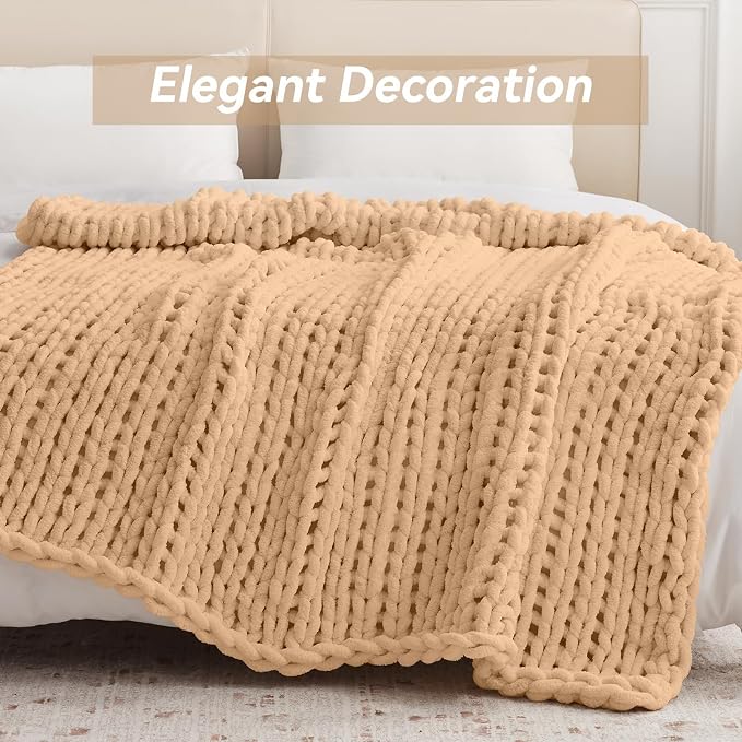 Negwoo Chunky Knit Throw Blanket, 50''*60'' Knitted Throw Chenille Yarn for Bed Couch, Handmade Beige Crochet Big Thick Blanket, Machine Washable Cute Comfy Blanket for Home Decor