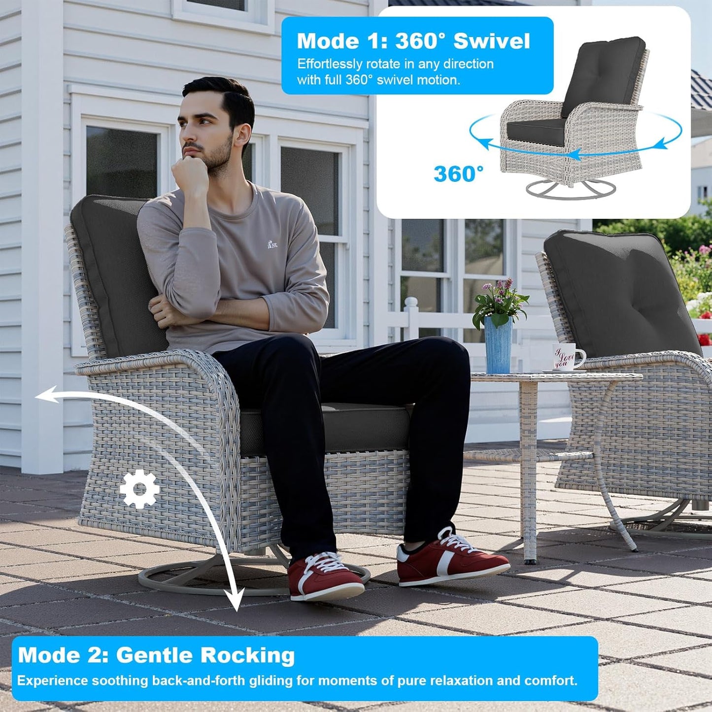 13-Piece Patio Furniture Set, Outdoor Patio Furniture with Swivel Chairs Set, Ottomans, 55,000 BTU Fire Pit Table, Modular Patio Sofa, Dual-Strand Wicker Rattan, Rust-Resistant Frame, Black