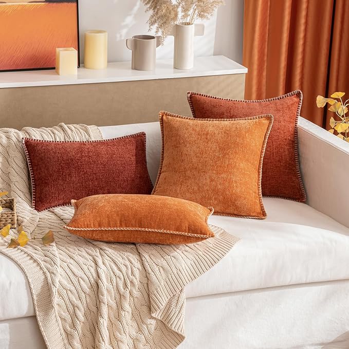 MIULEE Pack of 2 Fall Couch Throw Pillow Covers 18x18 Inch Orange Farmhouse Decorative Pillow Covers with Stitched Edge Soft Chenille Solid Dyed Pillow Covers for Sofa Bed Living Room