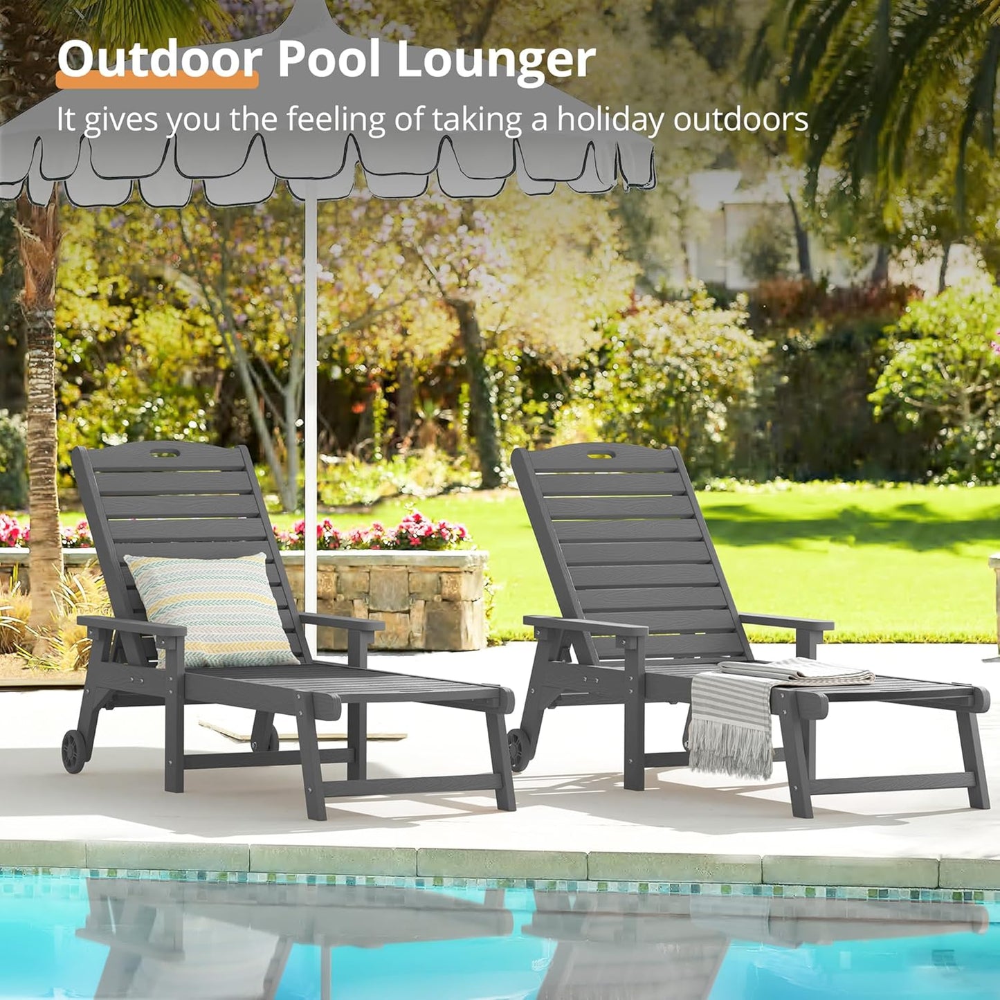 LUE BONA Chaise Lounge Chairs Set with Table, 6-Piece, 79'' Oversized HDPS Chaise Lounger, 5 Positions Adjustable Lounge Chairs, Pool Lounge Chair with Wheels for Poolside, 3 Year Warranty, Dark Gray
